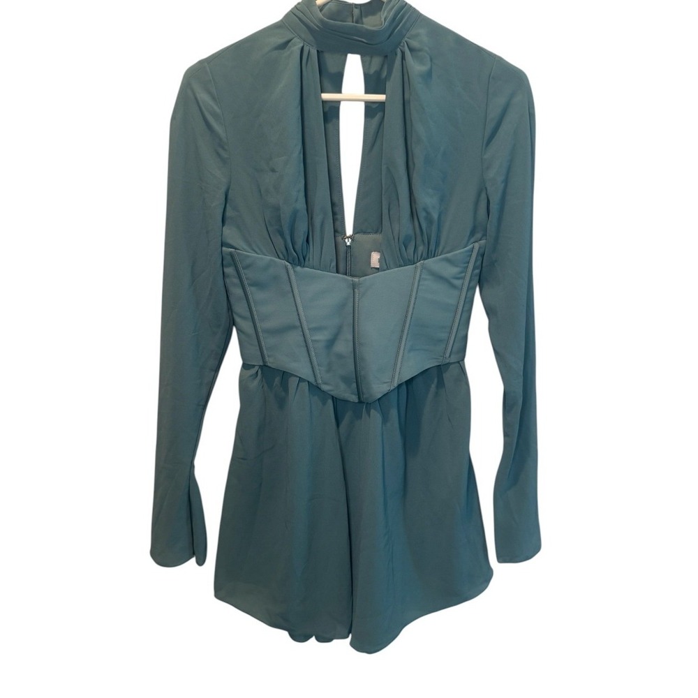 Oh Polly Womens Teal Corset Waist Plunge Long Sleeve Mini Dress 4 NEW Chic